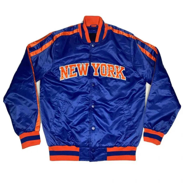 New York Knick Striped Full-Snap Varsity Blue Satin Men's Bomber Jacket