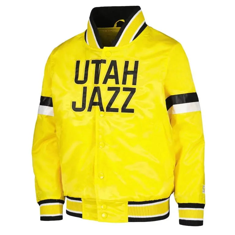 Utah Jazz Youth Home Game Full-Snap Varsity Yellow Satin Men's Bomber Jacket