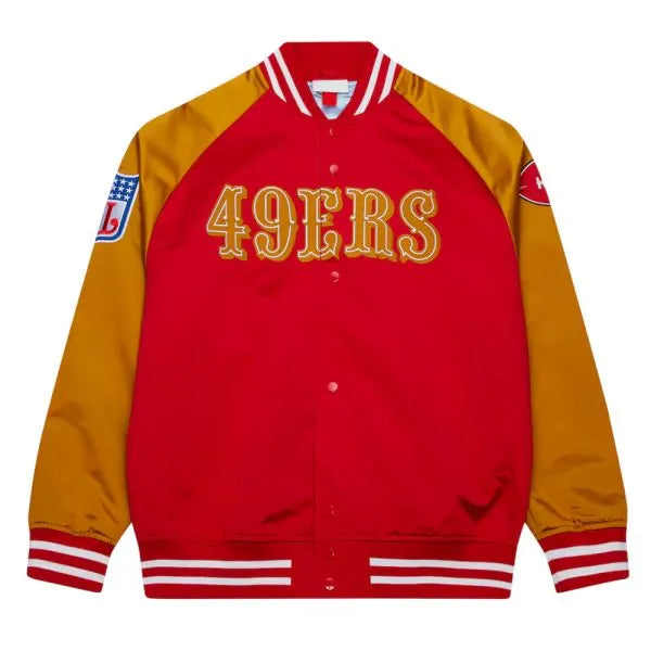 San Francisco 49ers Faithful to The Bay Full-Snap Varsity Red and Gold Satin Men's Bomber Jacket