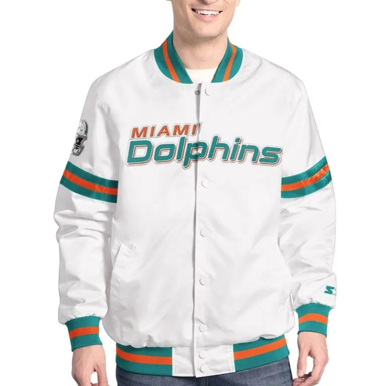 Miami Dolphins Full-Snap Varsity White Satin Men's Bomber Jacket