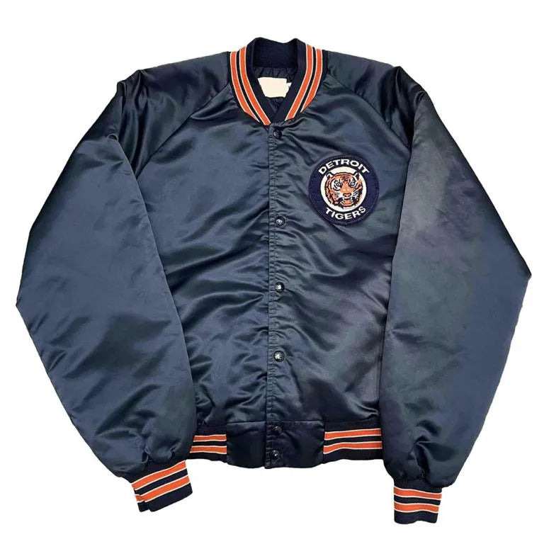 90’s Detroit Tigers Navy Blue Satin Full-Snap Bomber Men's Jacket