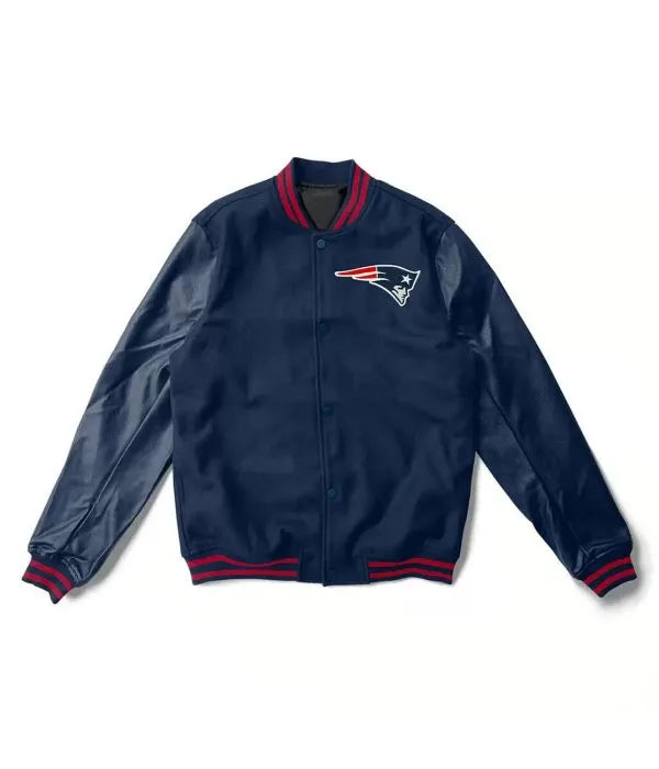 New England Patriots Navy Blue Wool and Genuine Leather Sleeves Men's Varsity Letterman Jacket
