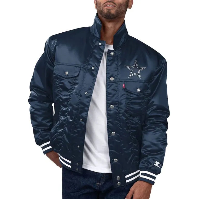 Dallas Cowboys Silver Tab Trucker Full-Snap Varsity Navy Blue Satin Men's Bomber Jacket