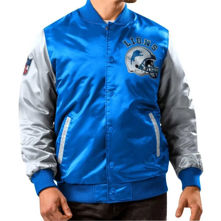 Detroit Lions Full-Snap Varsity Blue and Gray Satin Men's Bomber Jacket