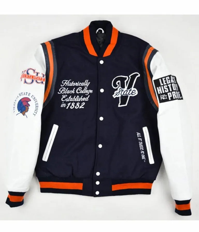 HBCU Virginia State University Motto 2.0 Orange Wool & White Genuine Leather Sleeves Men's Letterman Varsity Jacket