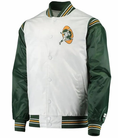 Green Bay Packers Historic Renegade Full-Snap Varsity White and Green Satin Men's Bomber Jacket