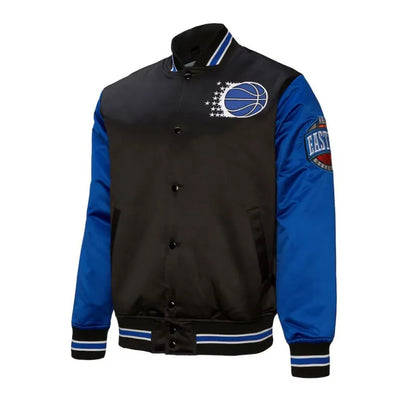 Orlando Magic Primetime Full-Snap Varsity Black and Blue Satin Men's Bomber Jacket