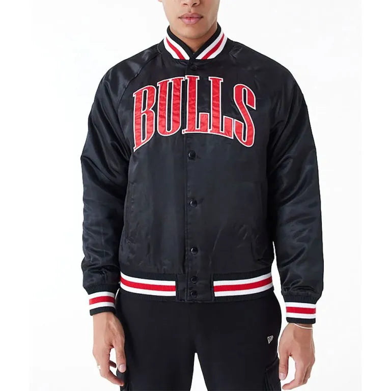 Chicago Bulls Applique Full-Snap Varsity Black Satin Men's Bomber Jacket
