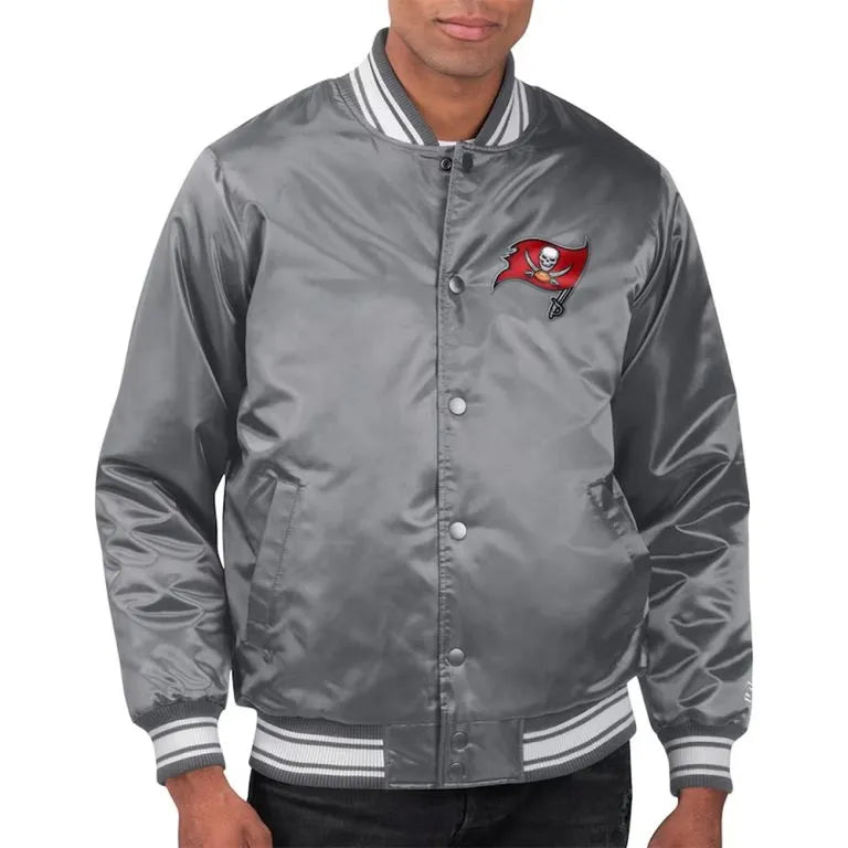 Tampa Bay Buccaneers Locker Room Full-Snap Varsity Gray Satin Men's Bomber Jacket
