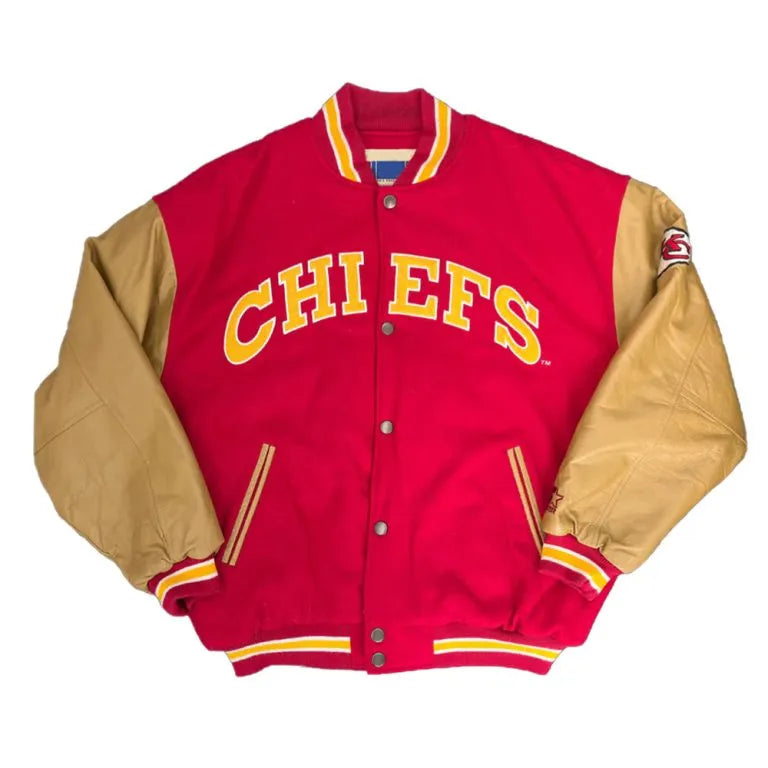 Kansas City Chiefs Red Wool and Tan Genuine Leather Sleeves Men's Varsity Letterman Jacket