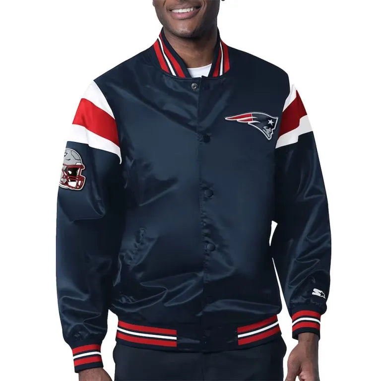 New England Patriots Midweight Full-Snap Varsity Navy Blue Satin Men's Bomber Jacket