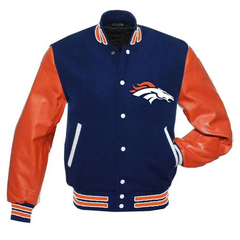 Denver Broncos Blue Wool & Orange Genuine Leather Sleeves Men's Varsity Jacket