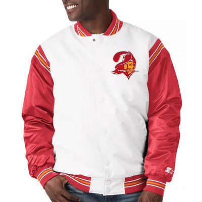 Tampa Bay Buccaneers Historic Renegade Full-Snap Varsity White/Red Satin Men's Bomber Jacket