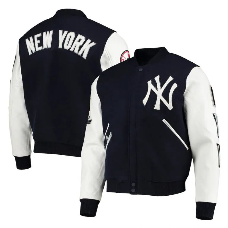 New York Yankees Logo Navy Blue Wool & White Leather Varsity Men's Jacket