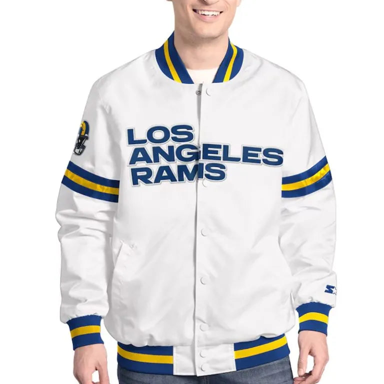 Los Angeles Rams Scout Full-Snap Varsity White Satin Men's Bomber Jacket