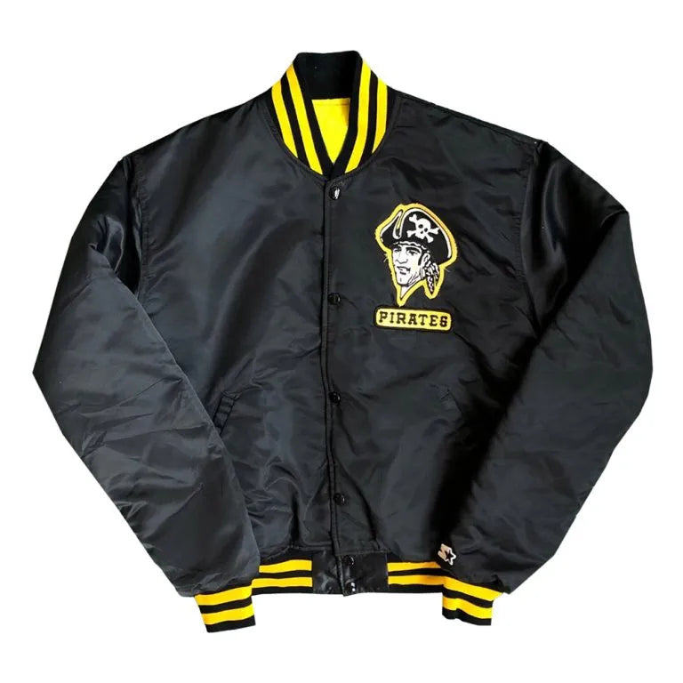 90’s Pittsburgh Pirates Full-Snap Black Satin Bomber Men's Jacket