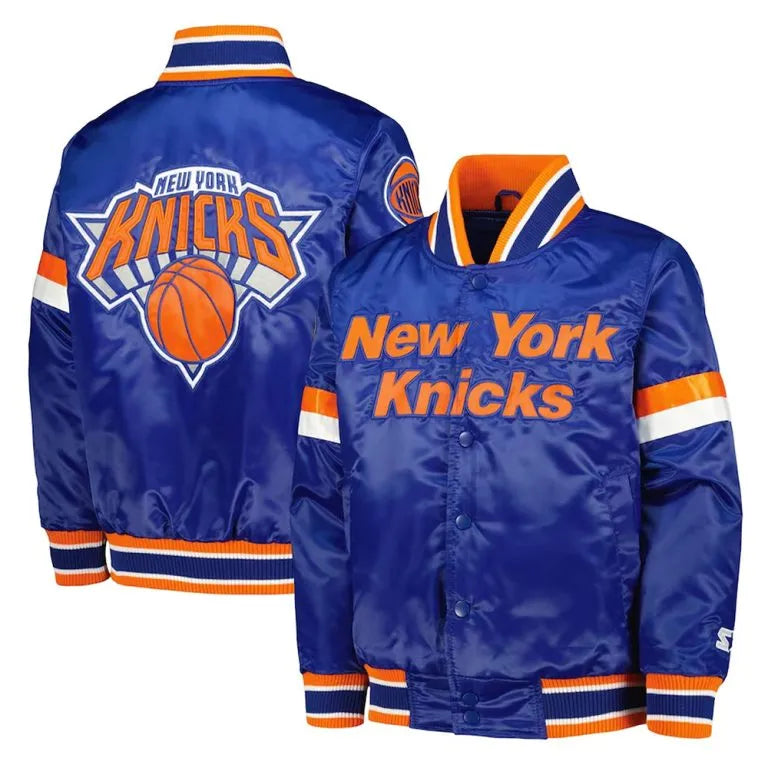 New York Knick Home Game Full-Snap Varsity Blue Satin Men's Bomber Jacket