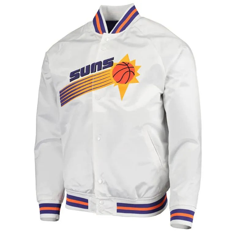 Phoenix Suns Throwback Full-Snap Varsity White Satin Men's Bomber Jacket