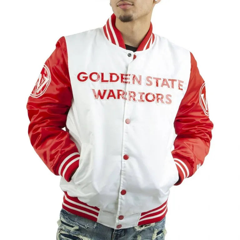 Golden State Warriors Full-Snap Varsity White and Red Satin Men's Bomber Jacket