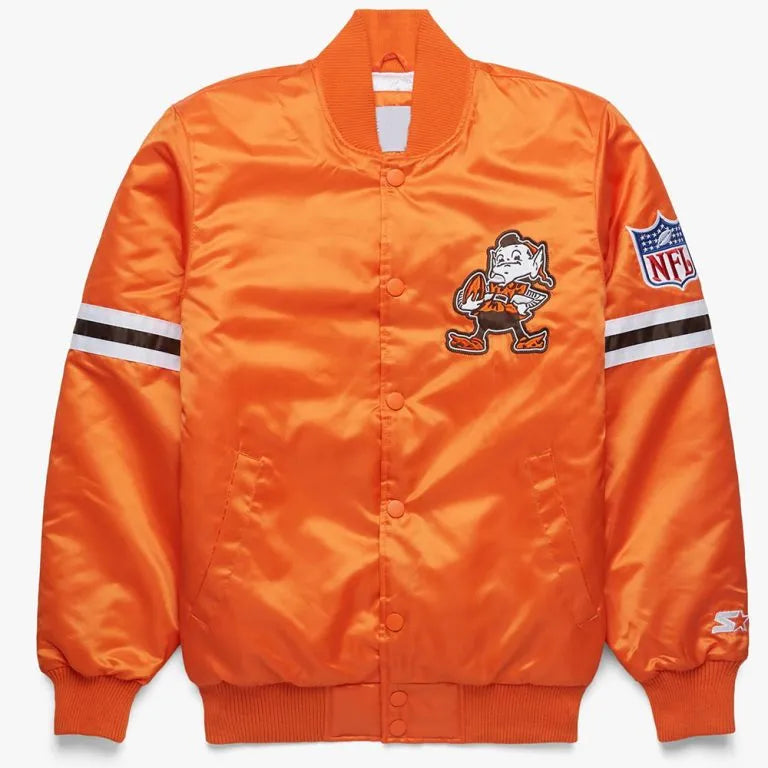 Cleveland Browns Gridiron Full-Snap Varsity Orange Satin Men's Bomber Jacket