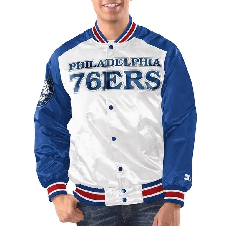 Philadelphia 76ers Renegade Full-Snap Varsity White/Royal Satin Men's Bomber Jacket