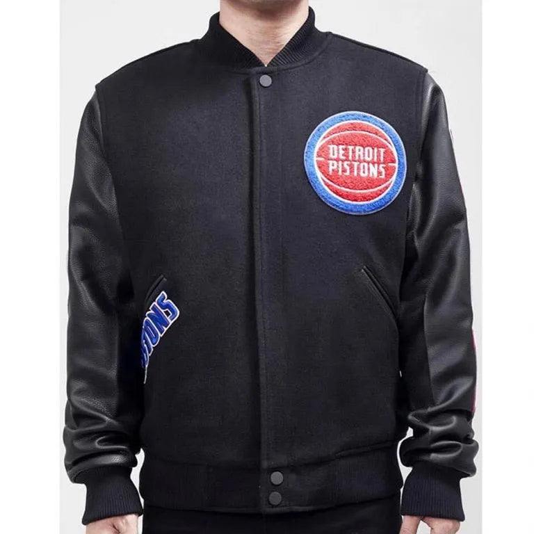 Detroit Pistons Mashup Varsity Black Wool and Genuine Leather Sleeves Men's Bomber Jacket
