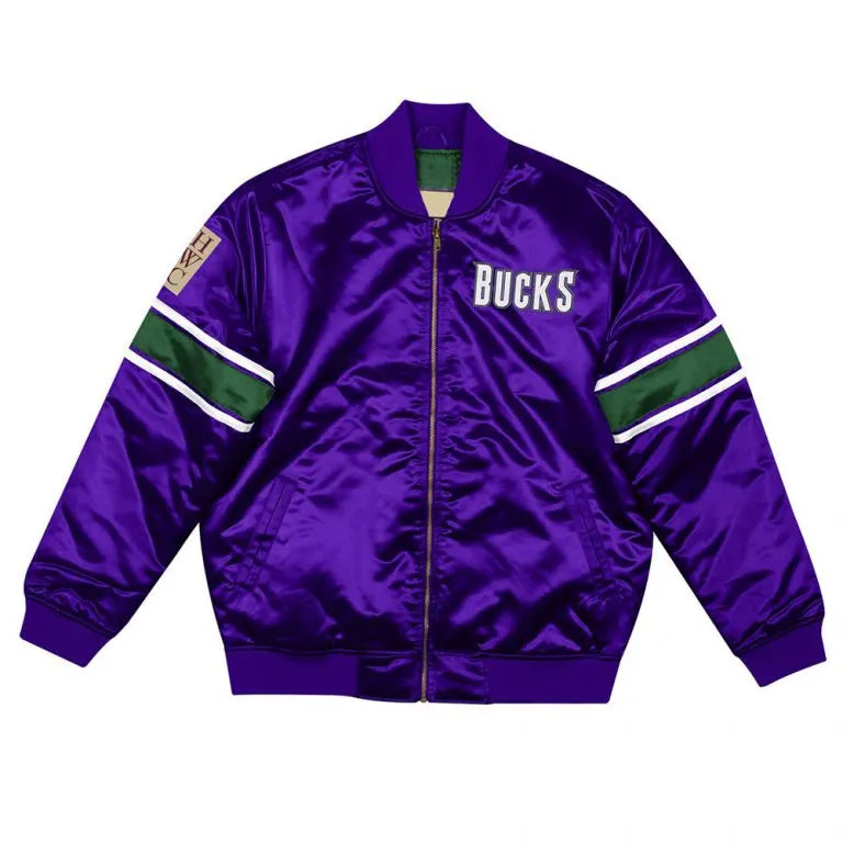 Milwaukee Bucks Heavyweight Full-Zip Varsity Purple Satin Men's Bomber Jacket