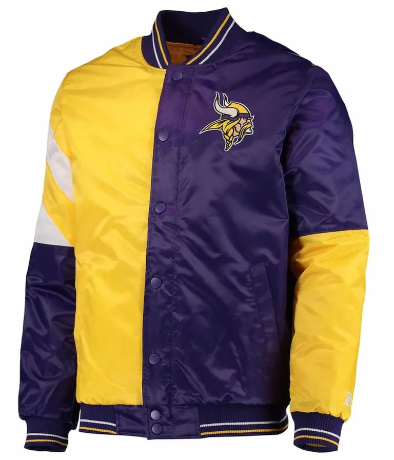Minnesota Vikings Leader Full-Snap Varsity Yellow and Purple Satin Men's Bomber Jacket