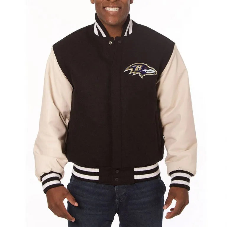 Baltimore Ravens Black Wool and White Leather Sleeves Varsity Men's Jacket