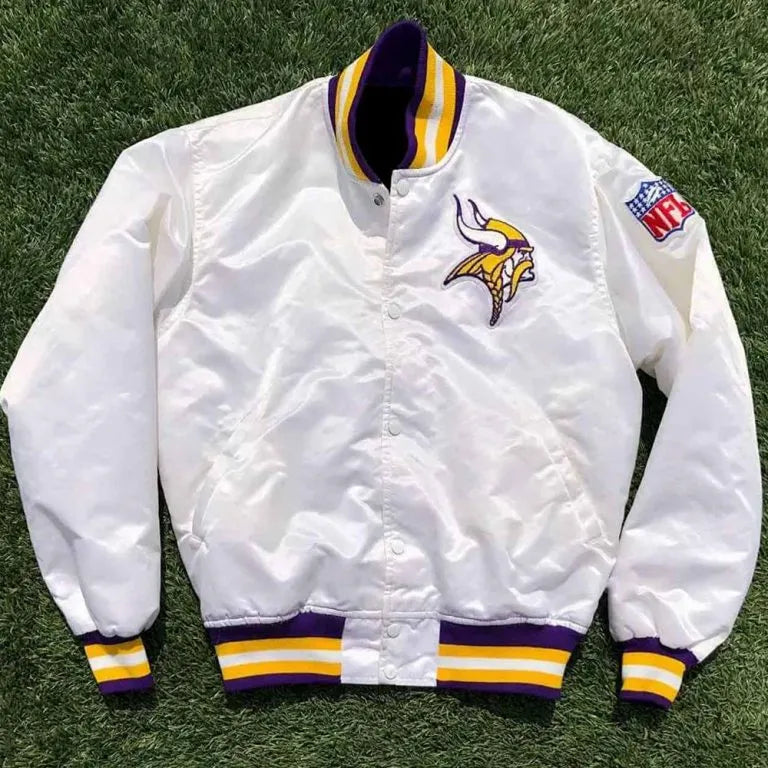 Minnesota Vikings Full-Snap Varsity White Satin Men's Bomber Jacket