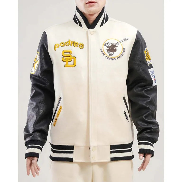 San Diego Padres Off-White Wool & Black Leather Sleeves Varsity Men's Jacket