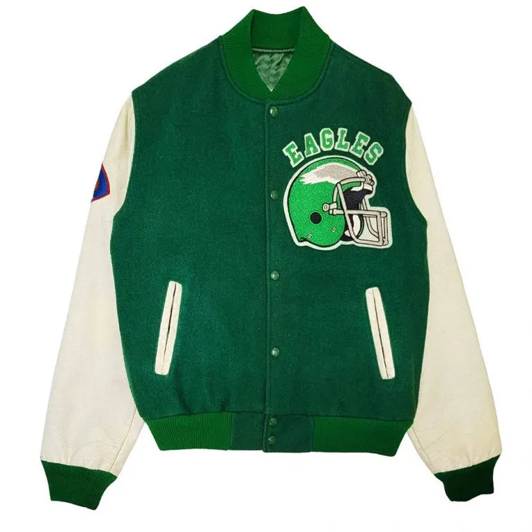Philadelphia Eagles Green Wool & White Genuine Leather Sleeves Men's Varsity Letterman Jacket