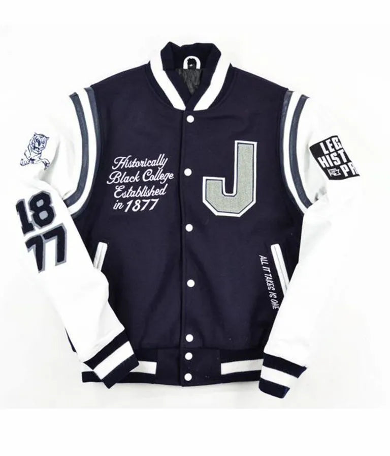 Jackson State University Motto Tigers Blue Wool & White Genuine Leather Sleeves Men's Letterman Varsity Jacket