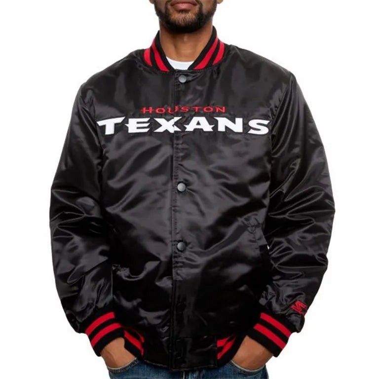 Houston Texan Full-Snap Varsity Black Satin Men's Bomber Jacket