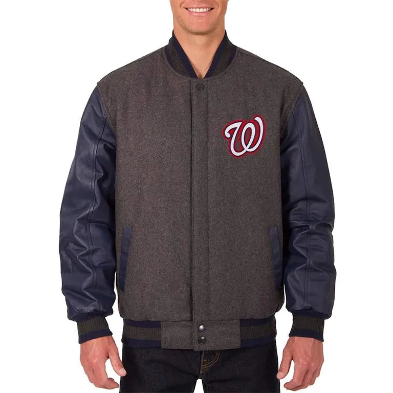 Washington Nationals Charcoal Wool & Navy Blue Leather Sleeves Varsity Men's Jacket