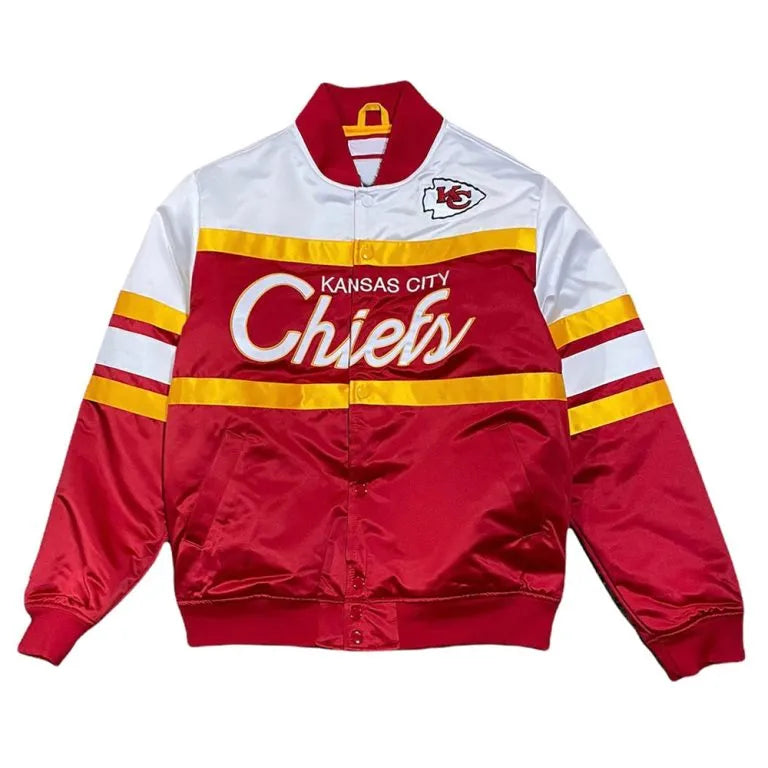 Kansas City Chiefs  Special Script Heavyweight Full-Snap Varsity Red & White Satin Men's Bomber Jacket