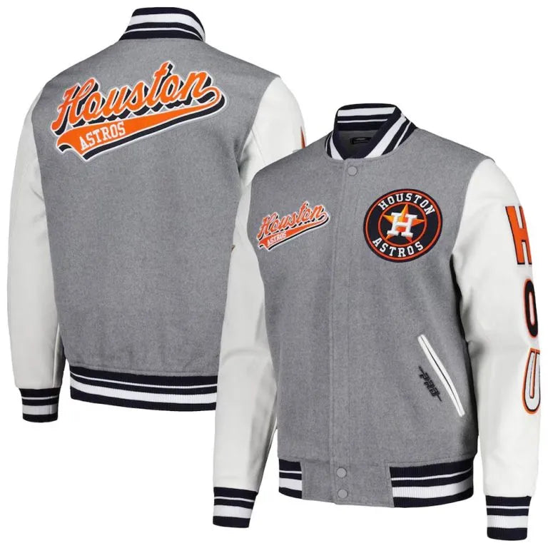 Houston Astros Script Tail Heather Gray Wool & White Leather Varsity Men's Jacket