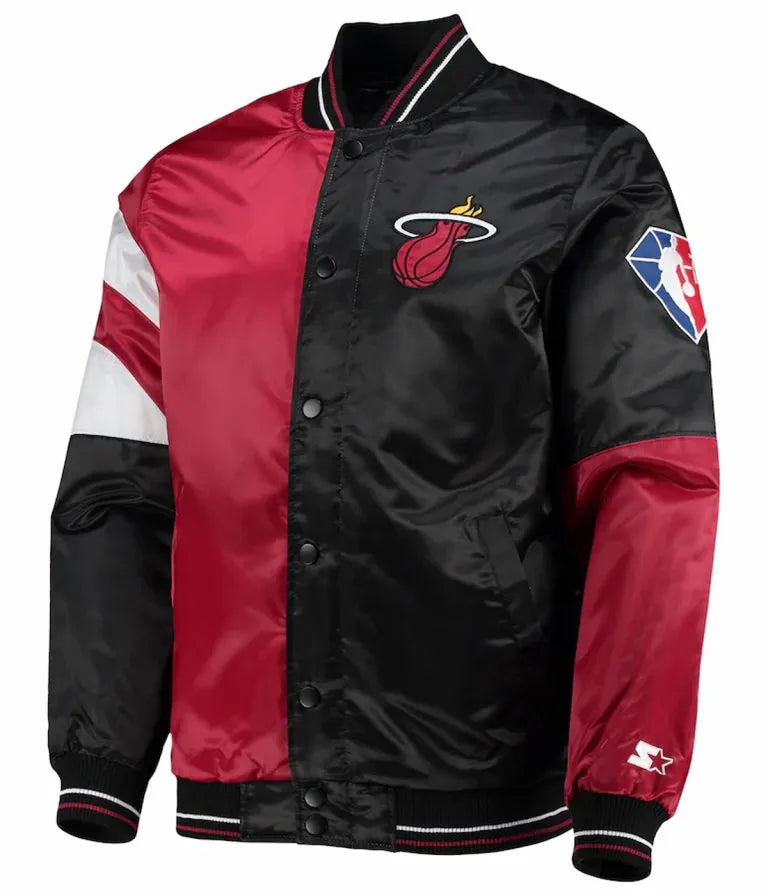 75th Anniversary Miami Heat Leader Full-Snap Varsity Red and Black Satin Men's Bomber Jacket