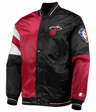 75th Anniversary Miami Heat Leader Full-Snap Varsity Red and Black Satin Men's Bomber Jacket