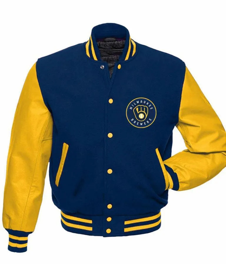 Milwaukee Brewers Blue Wool & Yellow Leather Sleeves Letterman Men's Jacket