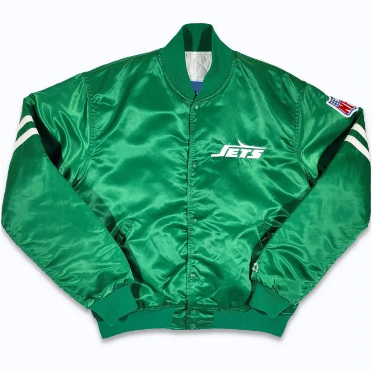 80s New York Jets Striped Full-Snap Varsity Green Satin Men's Bomber Jacket