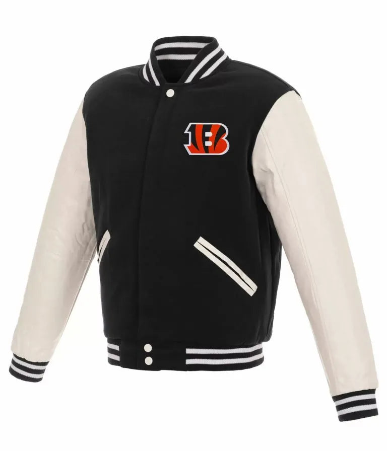 Cincinnati Bengals Black Wool & White Genuine Leather Sleeves Men's Varsity Jacket