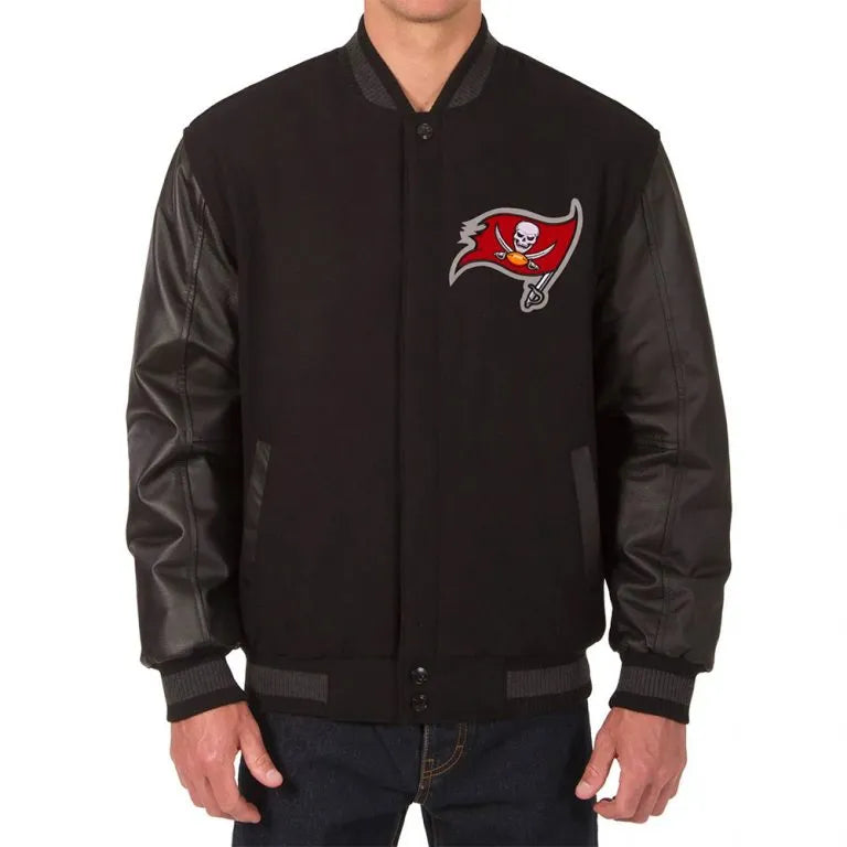 Tampa Bay Buccaneers Black Wool & Genuine Leather Sleeves Men's Varsity Letterman Jacket