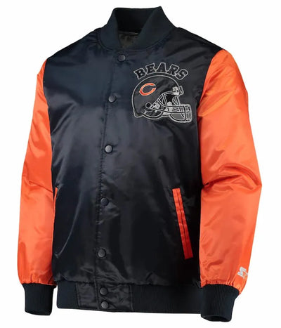 Chicago Bears Locker Room Throwback Full-Snap Varsity Navy Blue and Orange Satin Men's Bomber Jacket