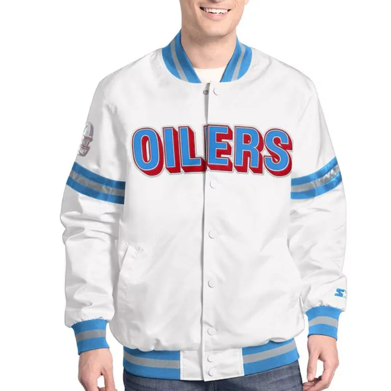 Houston Oilers Scout Full-Snap Varsity White Satin Men's Bomber Jacket