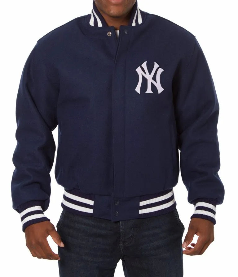 NY Yankees Embroidered Blue Wool Bomber Varsity Men's Jacket