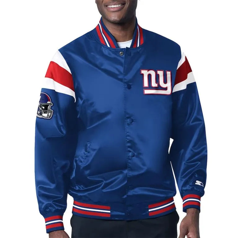 New York Giants Midweight Full-Snap Varsity Royal Blue Satin Men's Bomber Jacket