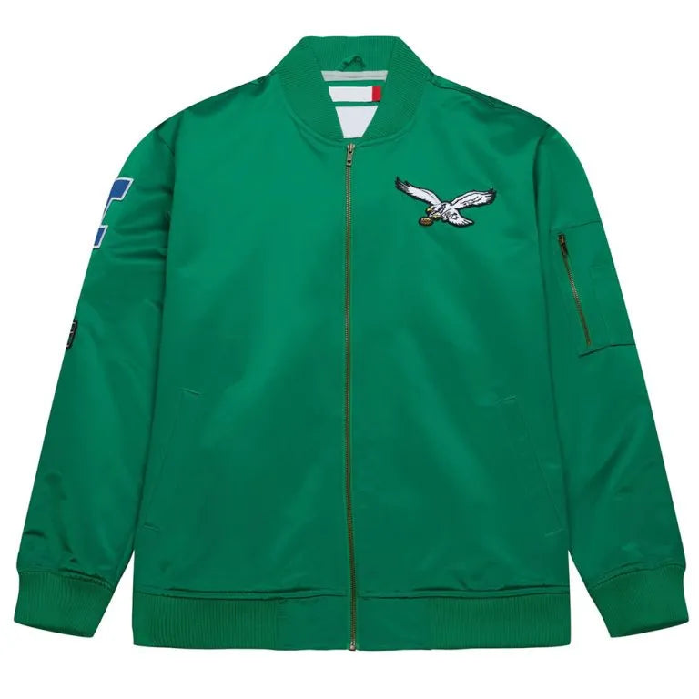 Philadelphia Eagles Vintage Logo Full-Zip Varsity Green Satin Lightweight Men's Bomber Jacket