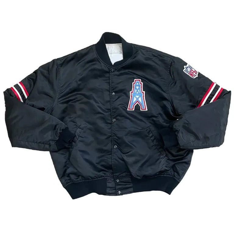 90’s Houston Oilers Full-Snap Varsity Black Satin Men's Bomber Jacket