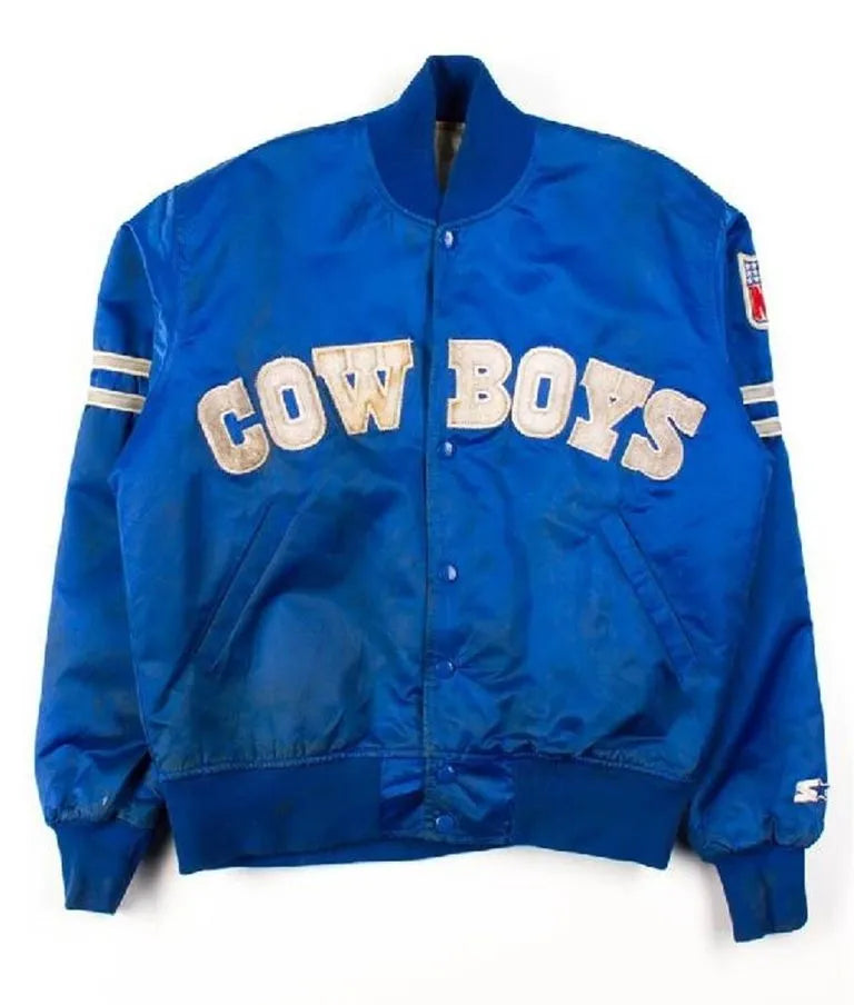 Dallas Cowboys Post Malone Super Bowl LVIII  Full-Snap Varsity Blue Satin Men's Bomber Jacket